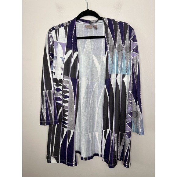 Chico's Easywear Abstract Print Open Cardigan Sweater Chicos Blue Purple Size 2 - Picture 1 of 9